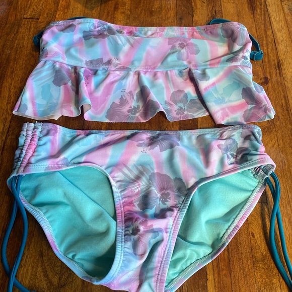 Justice Girls bikini pink and turquoise floral pattern size 12 - Picture 2 of 15